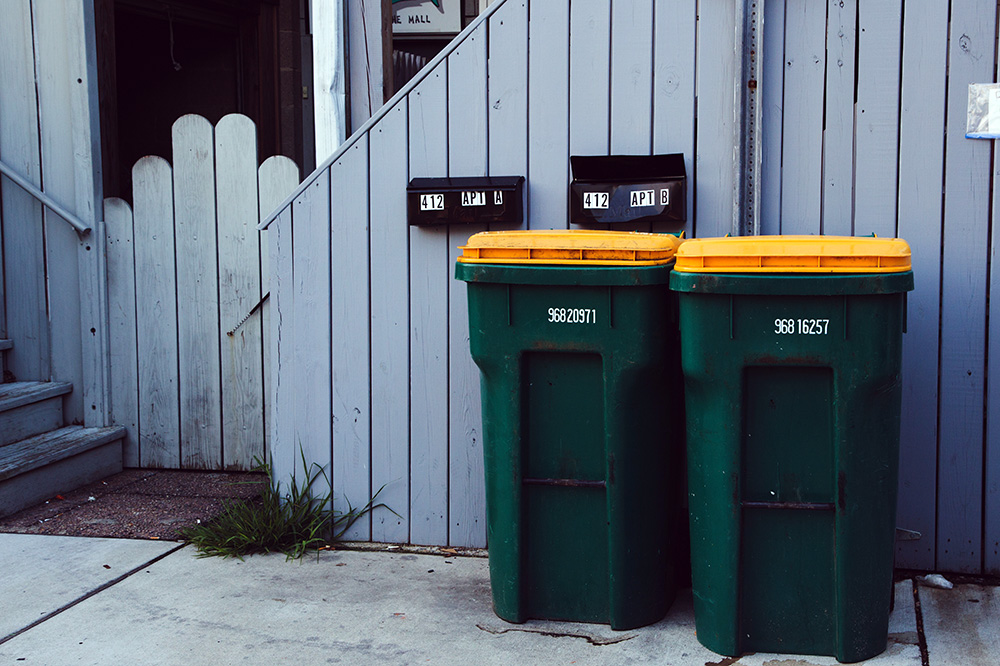 trash bins outside of condo apartments - wild animals getting into garbage concept